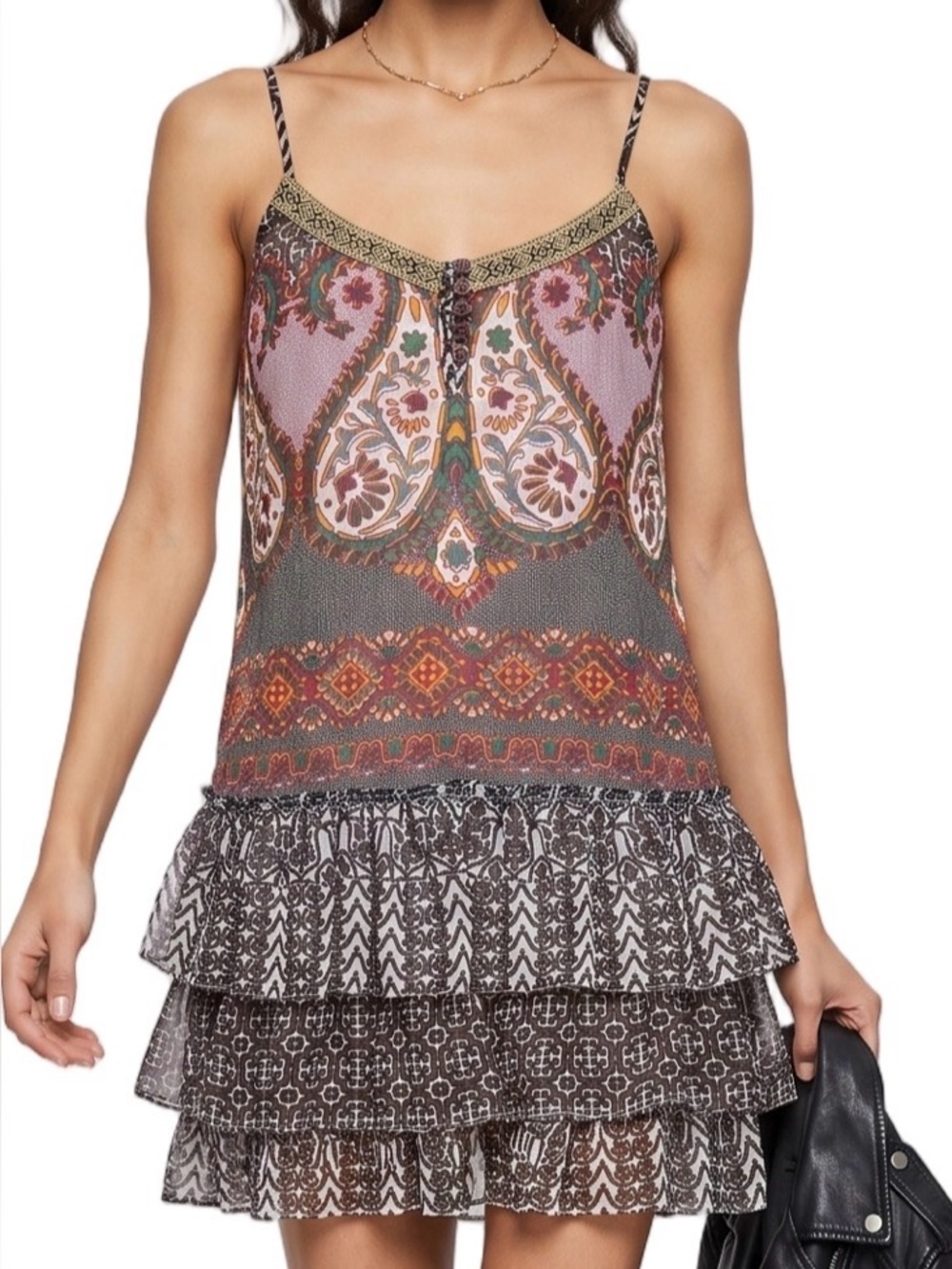 BAND OF GYPSIES Multicolor bohemian sundress Ruffles HiLow hem spaghetti straps - Picture 2 of 10